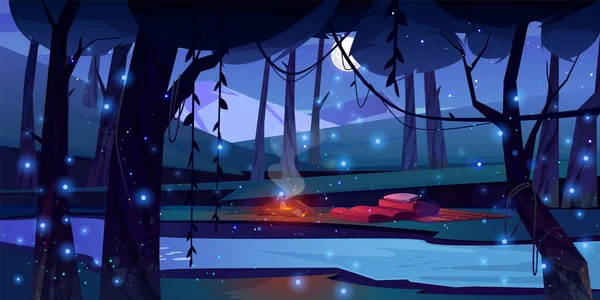 黑暗丛林森林 沼泽和萤火虫的背景 幻想游戏景观与树 池塘水 篝火和枕头 以月光和萤火虫为例证的奇妙而恐怖的冒险 — 图库矢量图片
