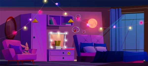 夜のピンクのガーリーベッドルームのインテリアベクトル漫画 十代の部屋で10代のベッドとネオンランプの光 誰もいない暗いフラットの紫色の女性の家具 ティーンホームでの電球ミラー アームチェアとカーペット — ストックベクタ