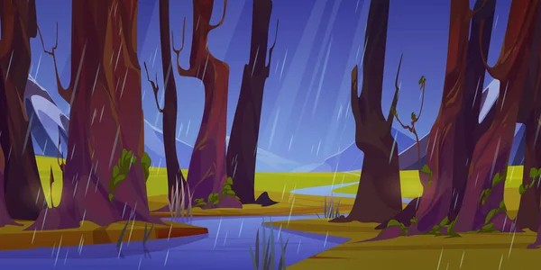 山の川の森の中を流れる 雨の春の天気のベクトル漫画のイラスト 湿った木と緑の夏の風景 嵐の青い空 渓谷のストリームや小川 美しい自然 — ストックベクタ