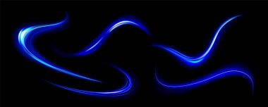 Blue light lines, effect of speed motion trails. Abstract streaks of fast flash movement, blurred neon glow at night, vector realistic set isolated on transparent background clipart