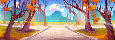 Autumn Forest Park Caddesi çizgi film manzarası. Bahçe doğa yürüyüşü sonbahar mevsiminde çevre çizimi. Yaya yolu ve dökülen yapraklarla dolu turuncu halk yolu Eylül ayında