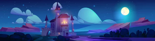 神奇的幻想城堡在夜间传奇人物的童话背景 童话般的故事中世纪公主宫殿与道路 在满月的夜空中 哥特式的王宫在满月的光芒之上 神奇的古城堡设计 — 图库矢量图片