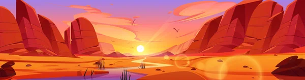 大峡谷公园沙漠日落卡通人物图解 西山悬崖和令人惊奇的天空背景 神奇的犹他或彩色地面地形让我们难以忘怀的野外探险 — 图库矢量图片
