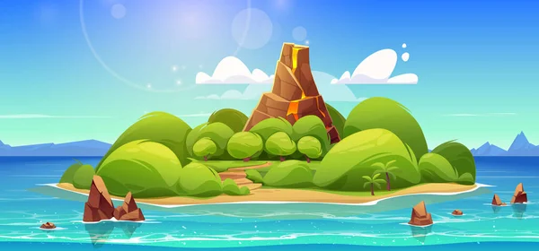 Tropische Vulkaan Eiland Zee Cartoon Vector Landschap Achtergrond Exotisch Vulkanisch — Stockvector