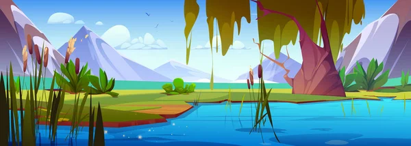 Sümpfe Mit Schilf Gebirgsvektor Cartoonlandschaft Seewasser Ufernähe Mit Birke Japan — Stockvektor