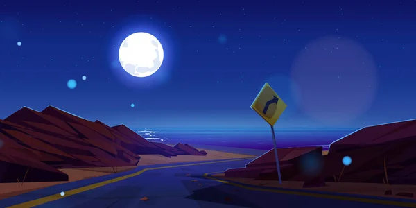 海のビーチに夜の高速道路 鋭いターン警告記号を持つ危険な車の道路のベクトル漫画のイラスト 空の海岸線の道に沿って岩の石 満月の光と濃い青の星空 ホタル — ストックベクタ