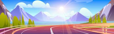 Otoyol boş, otoyol üst geçitte. Güneşli sabah arkaplanı ile yaz manzarası ile köprü ile otoyol, orman, göl ve dağlar, vektör karikatür çizimi