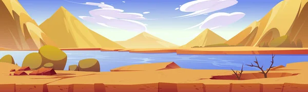 Wüste Flusslandschaft Mit Gelben Sanddünen Oder Bergen Als Vektor Cartoon — Stockvektor