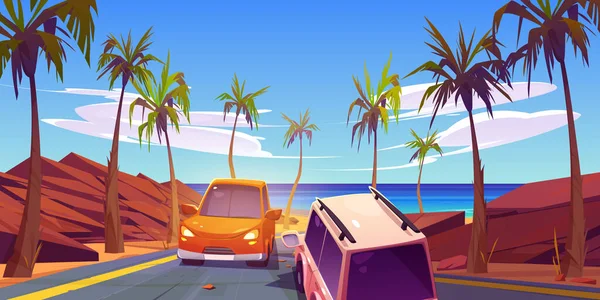 Estrada Deserto Carro Tráfego Para Costa Mar Desenho Animado Ilustração —  Vetores de Stock