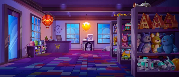 Cartoon Spielwarenladen Mit Möbeln Und Waren Den Regalen Nachts Vektor — Stockvektor