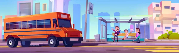 ロード漫画のイラストに子供の学生のためのスクールバス停留所 幼稚園への安全レトロ輸送を待っている男の子と女の子の友人 街中をドライブするアカデミーの子供のライフスタイル — ストックベクタ