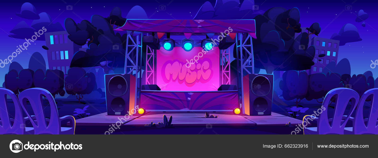Palco Concerto Pronto Para Show Livre Parque Cidade Noturna Ilustração  Vetor de ©klyaksun 662323916, image size:1600x671