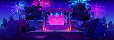 Park vektör illüstrasyonunda gece açık hava müzik festivali konser sahnesi. Havai fişeklerle, neon ışıklarıyla ve kamp çadırıyla açık hava etkinliği. Şehir karikatür arkaplanlı müzisyen rock gösterisi performansı