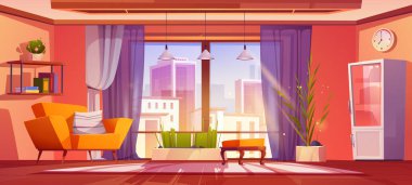 Oturma odasının içinde pencere karikatür arka planından şehir manzarası var. İçinde bitki, kanepe ve lamba bulunan modern ev tasarımı mobilyalar. Kentsel otel dairesinde şezlong sahnesi