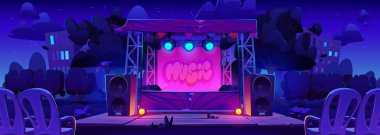 Gece parkındaki açık hava gösterisi için konser sahnesi hazır. Hoparlörlü açık hava sahnesinin vektör çizimi, spot ışıkları aydınlatma, fan alanındaki sandalyeler, ağaçlar ve yıldızlı gökyüzü altındaki evler