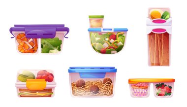 Plastik yemek depolama kabı ikon vektör illüstrasyonu. Piknik karikatürleri için izole edilmiş sebze ve meyve cam paketleri. Salata, tatlı ve köfte ile hazırlanmış..