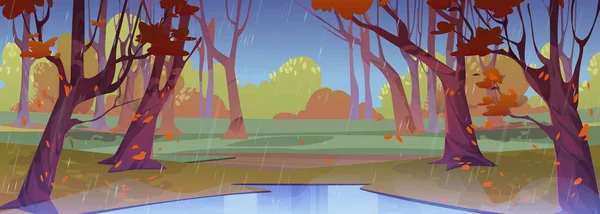 Rainy forest scene in autumn day background scene. Rain puddle in fall woodland park with oak vector landscape. Cold wet weather horizon wallpaper for game adventure. High and lush tree near swamp