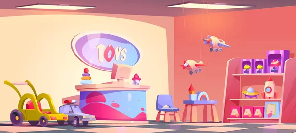 Interior Toko Mainan Kartun Dengan Barang Dan Furnitur Ilustrasi Vektor - Stok Vektor