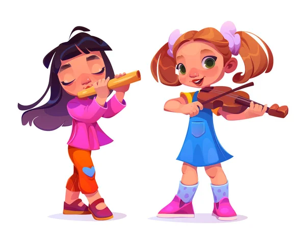 Zeichentrickmädchen Die Geige Und Flöte Spielen Isoliert Auf Weißem Hintergrund — Stockvektor