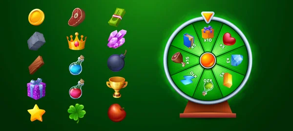 命运游戏的转轮和一套奖品图标孤立在绿色上 赌场轮盘赌的矢量图解 配有闪电 魔法药水和钻石 礼品盒 奖杯杯 — 图库矢量图片