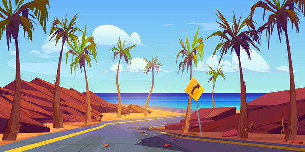 Summer landscape of sea beach and car road. Concept of holiday vacation, trip with empty highway to ocean coast with palm trees and rocks, vector cartoon illustration