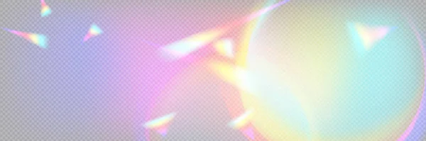レインボープリズムライトクリスタルガラスオーバーレイテクスチャ キラキラと虹色のグレア魔法の効果とホログラムフレア 透明な背景にホログラフィック屈折フィルター ぼかし抽象的なハロー日光 — ストックベクタ