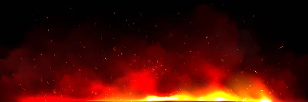 火とメンバーオーバーレイ効果と煙の背景 火花粒子を飛んで熱い炎をグリルし 地獄で灰 火の嵐燃焼粒子ベクトル蒸気と石炭とパノラマの自然テクスチャ — ストックベクタ