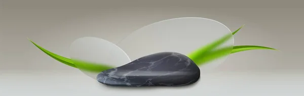 ガラスの形態と背景に隔離された緑の芝生の装飾と現実的な黒い大理石の石の表彰台 美容製品 有機化粧品 スパサロンバナーのための3Dロックスタンドのベクトルイラスト — ストックベクタ