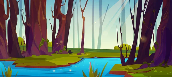 Ποταμός Ρέει Στο Θερινό Δάσος Διάνυσμα Εικονογράφηση Κινουμένων Σχεδίων Του — Διανυσματικό Αρχείο