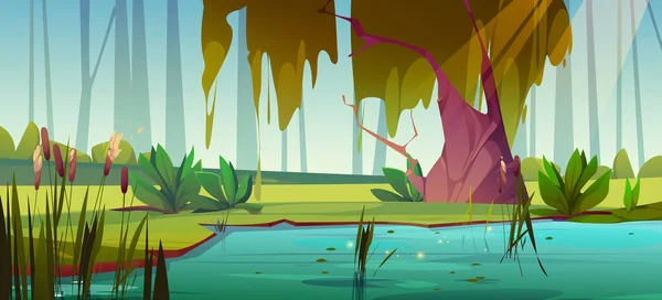 Sümpfe Wald Mit Schilf Cartoon Vektor Szene Seewasser Mit Sumpfpflanze — Stockvektor