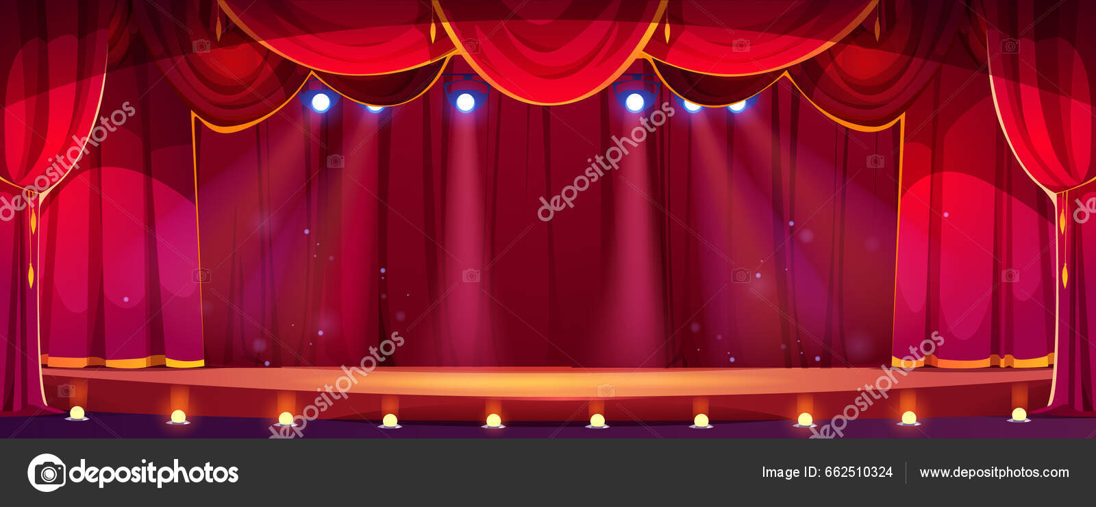 Palco de teatro com cortinas vermelhas e em luz. Desenho animado vetorial  ilustração do interior do