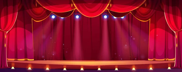 Cartoon Theater Konzertbühne Mit Rotem Vorhang Und Spotlight Vektorhintergrund Musik — Stockvektor