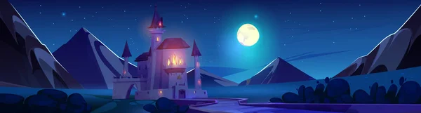 Волшебный Сказочный Замок Ночном Векторе Сказка Средневековый Дворец Принцессы Дороги — стоковый вектор