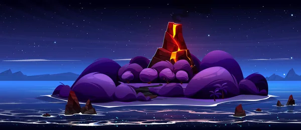 Ночной Вулкан Острова Океане Мультяшного Векторного Фона Извержение Магмы Светится — стоковый вектор