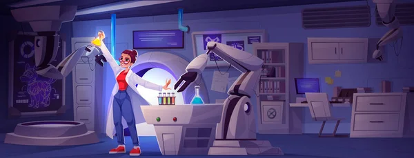 Une Femme Près Robot Laboratoire Fait Des Recherches Médicales Joyeux — Image vectorielle
