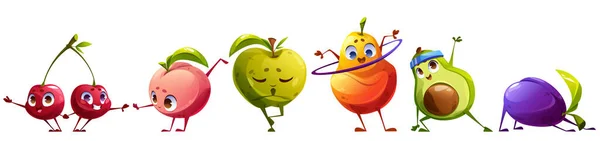 Schattig Fruit Karakter Oefening Vector Illustratie Grappig Voedsel Gezonde Yoga — Stockvector