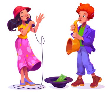 Sokak müzisyenleri vektör çizimi yapar. Kadın şarkıcı ve saksafoncu adam konser performansı karikatür kliplerinde izole edildi. Festival eğlencesinde sanatçılar için şapkada para