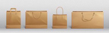 Kahverengi kağıt torba yap ve vektör modellemesini hallet. Alışveriş paketi, yiyecek ön görünüm simge tasarım koleksiyonunu taşımak için modelleme yapıyor. 3d perakende satılabilir marka illüstrasyonu