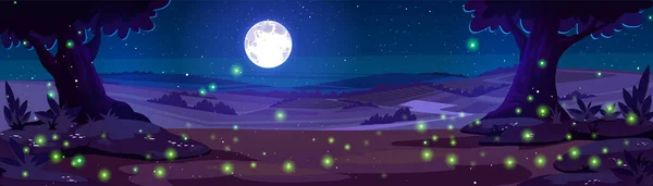 Nachtwald Mit Glühwürmchen Cartoon Vektor Landschaft Hintergrund Vollmond Und Baum — Stockvektor