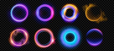 Şeffaf arkaplanda izole edilmiş neon ışık vektör efektli optik haleler. Parlak 3D dijital tasarımı olan yuvarlak lens halkası. Işıl ışıl hareket tasarımı. Kıvılcımlı sihirli enerji girdabı