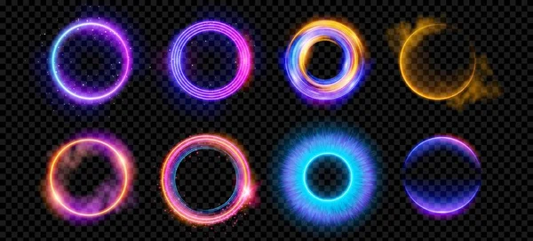 ネオンライトベクトル効果を持つ光ハローフレアは 透明な背景に隔離されています キラキラ3Dデジタルデザインのサークルレンズリング 放射速度運動設計 火花と魔法のエネルギー渦 — ストックベクタ