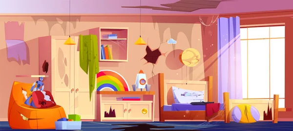 Schmutzige Und Chaotische Kinder Schlafzimmer Cartoon Vektor Illustration Unaufgeräumtes Kinderzimmer — Stockvektor