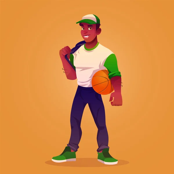 体育篮球运动员矢量图解 一个穿着制服的英俊的黑人男篮男孩 年轻强壮 健美的学校职业运动员站起来 微笑在帽子的图标上 — 图库矢量图片