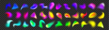 Çok renkli fırça darbeleri seti şeffaf arkaplanda izole edildi. Soyut renkli noktaların vektör gerçekçi çizimi, bulanık gökkuşağı mürekkebi lekeleri, holografik sıvı boya etkisi