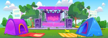 Müzik festivali kampı konser sahnesi yakınında. Hoparlörlü açık hava gösterisi için şehir parkında hazır olan açık hava sahnesinin vektör çizimi. Mavi gökyüzünün altında yeşil çimlerin üzerinde çadırlar ve paspaslar