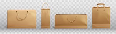 Kahverengi kağıt torba yap ve vektör modellemesini hallet. Alışveriş paketi, yiyecek ön görünüm simge tasarım koleksiyonunu taşımak için modelleme yapıyor. 3d perakende satılabilir marka illüstrasyonu