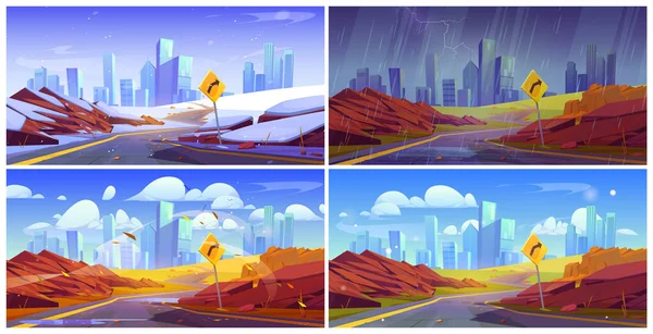 通往现代城市的四季大道 城市雪景 雨天道路景观的矢量卡通画 — 图库矢量图片
