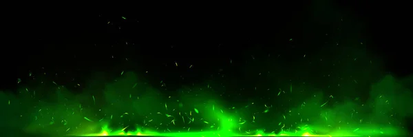 Groen Vuur Effect Bedekt Met Ember Rook Realistische Achtergrond Vliegende — Stockvector