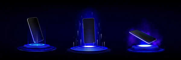 Modèle Téléphone Portable Sur Podium Fond Futuriste Avec Support Technologique — Image vectorielle