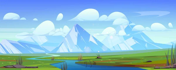 夏天的山谷景观与河流相连 绿草的矢量卡通画 蓝天的白云 从岩石中流出的水流 — 图库矢量图片